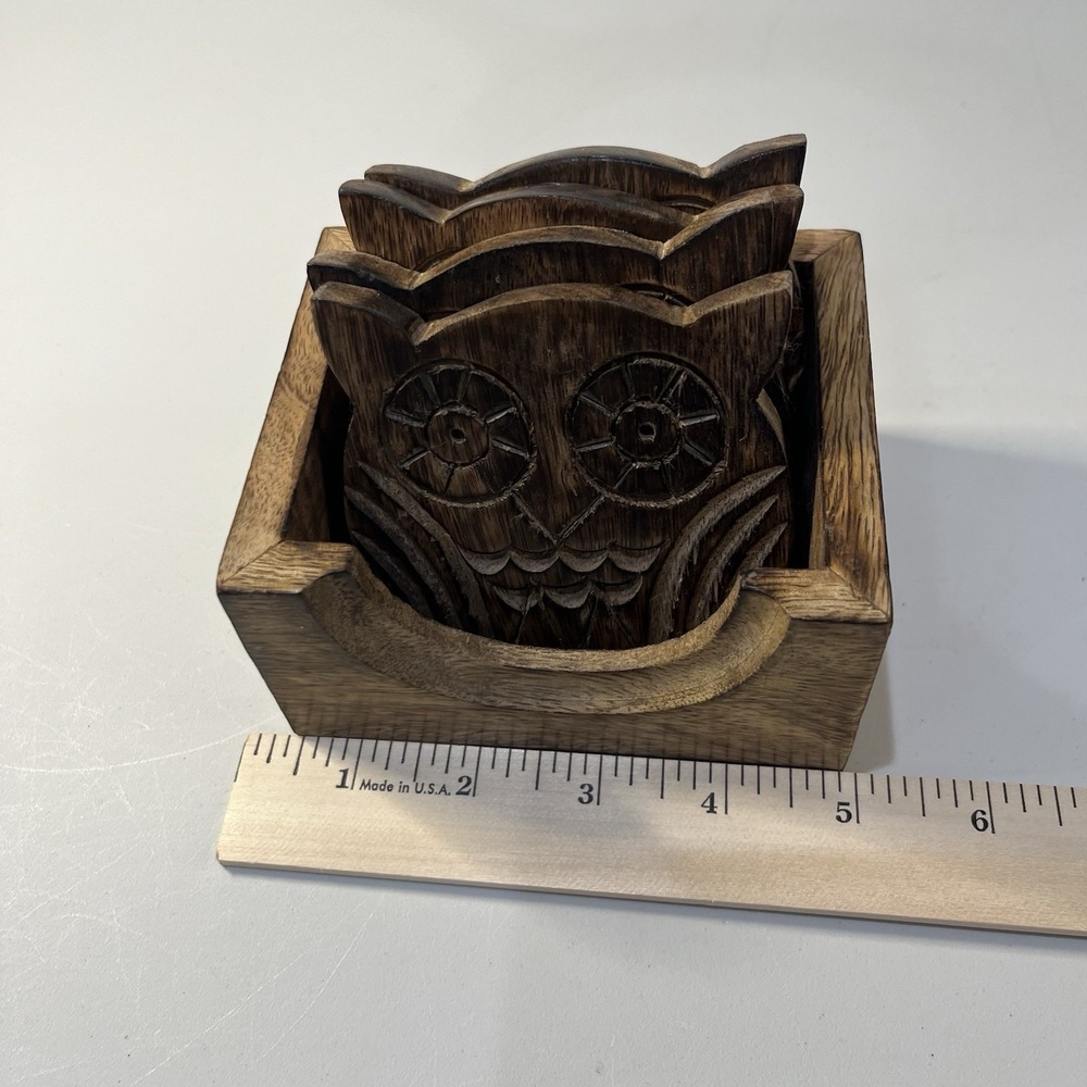 Vintage Owl Mid Century Modern Set Of 4 Hand Carved Wood Coasters Caddy India - Picture 6 of 6